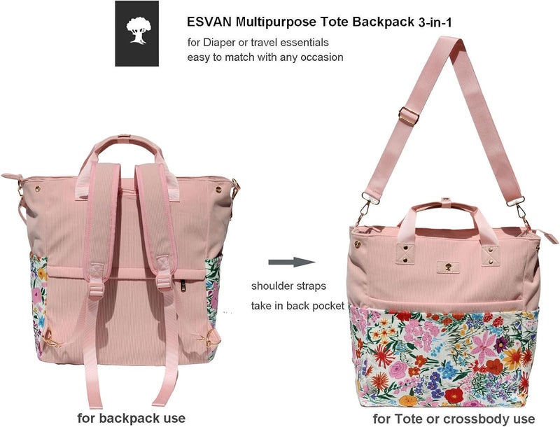 ESVAN Diaper Tote Bag Totepack Backpack Crossbody Bag 3 in 1 for Women Laptop Backpack Multifunctional with Insulated Pockets - Image 4